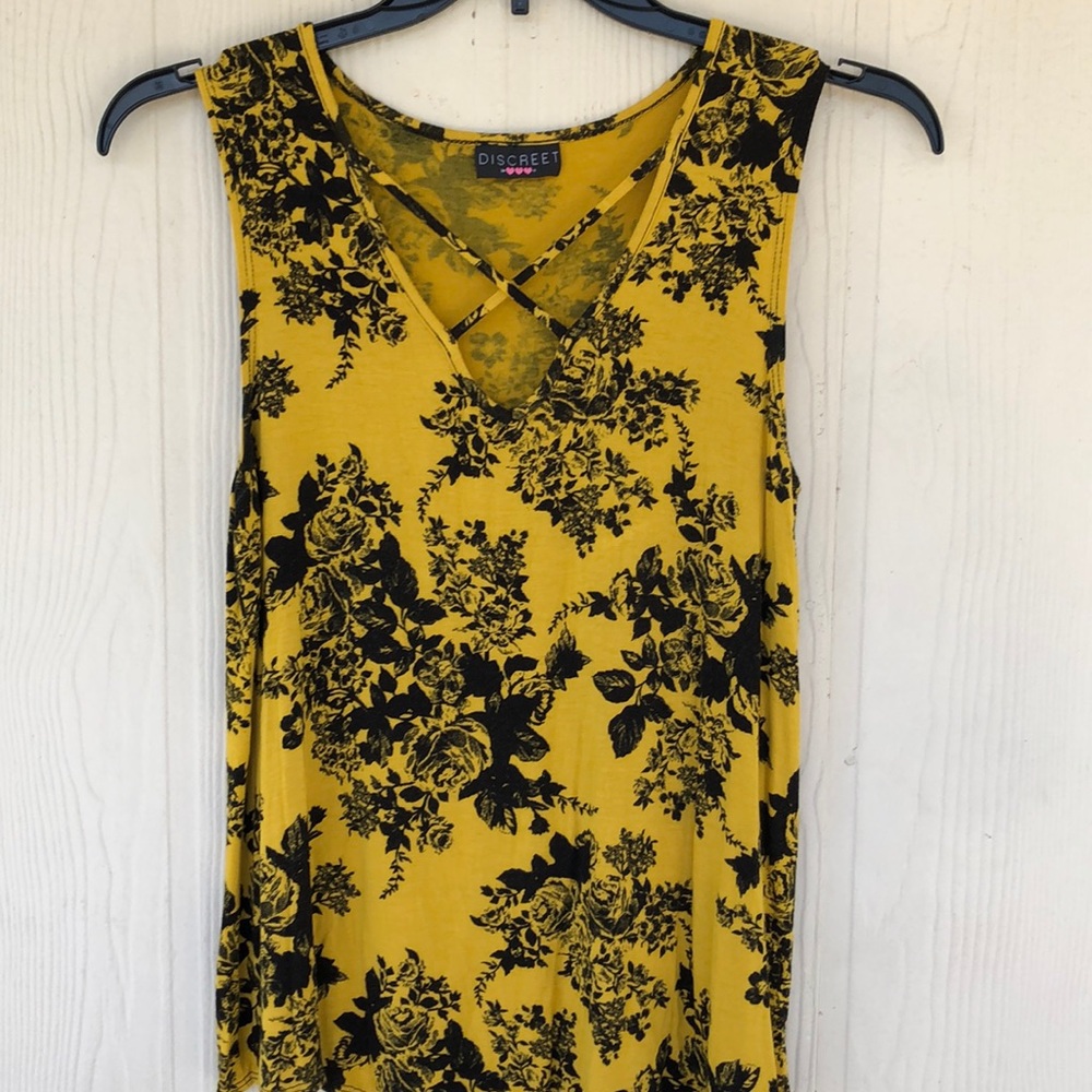 Mustard Yellow Black Floral Blouse Top Sz L